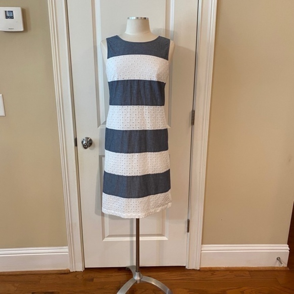 Talbots Chambray & White Eyelet Stripe Sleeveless Dress | Size 6